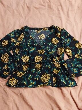 J. Crew Navy Floral Wrap Blouse with Yellow Blooms